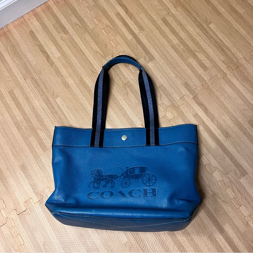 Coach 1896 Jes Teal Leather Tote with Black Straps